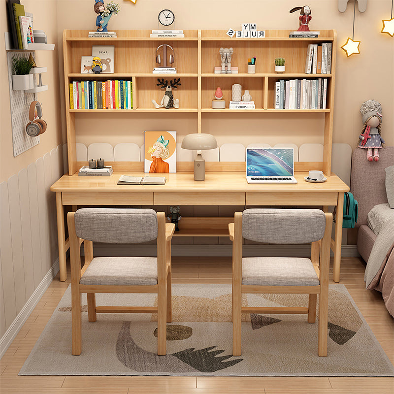 Ivan — Solid Wood Writing Desk with Shelves & Drawers (Natural Rubberwood)