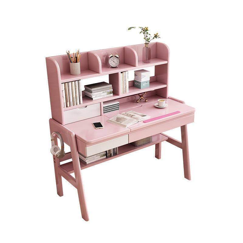 Pink Adjustable Solid Wood Writing Desk with Shelf and Drawers – Natural Rubberwood Home Office Desk - US Writing Desk