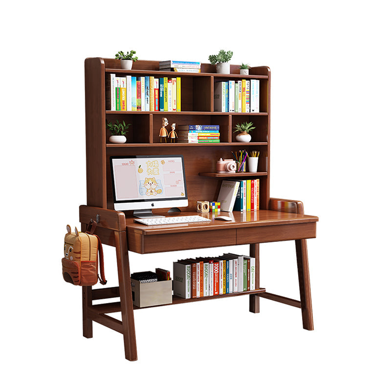 Walnut Solid Wood Writing Desk with Shelf and Drawers - Rubberwood Home Office Desk