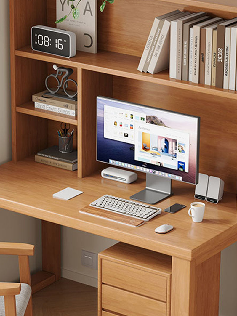 Jared — Solid Wood Study Desk with Bookshelf & Rolling Cabinet (Rubberwood)