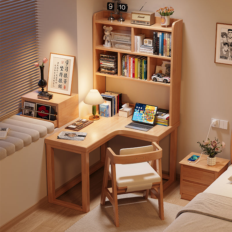 Grant — Corner Study Desk with Bookshelf, Solid Rubberwood (Natural/Walnut/White)