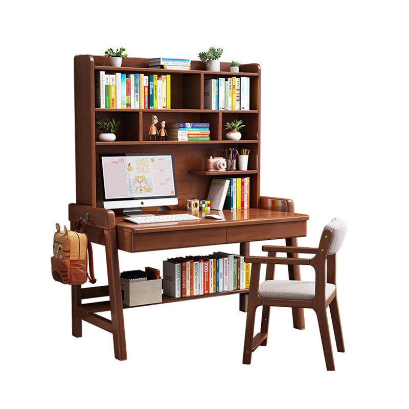 Walnut Solid Wood Writing Desk with Shelf and Drawers - Rubberwood Home Office Desk