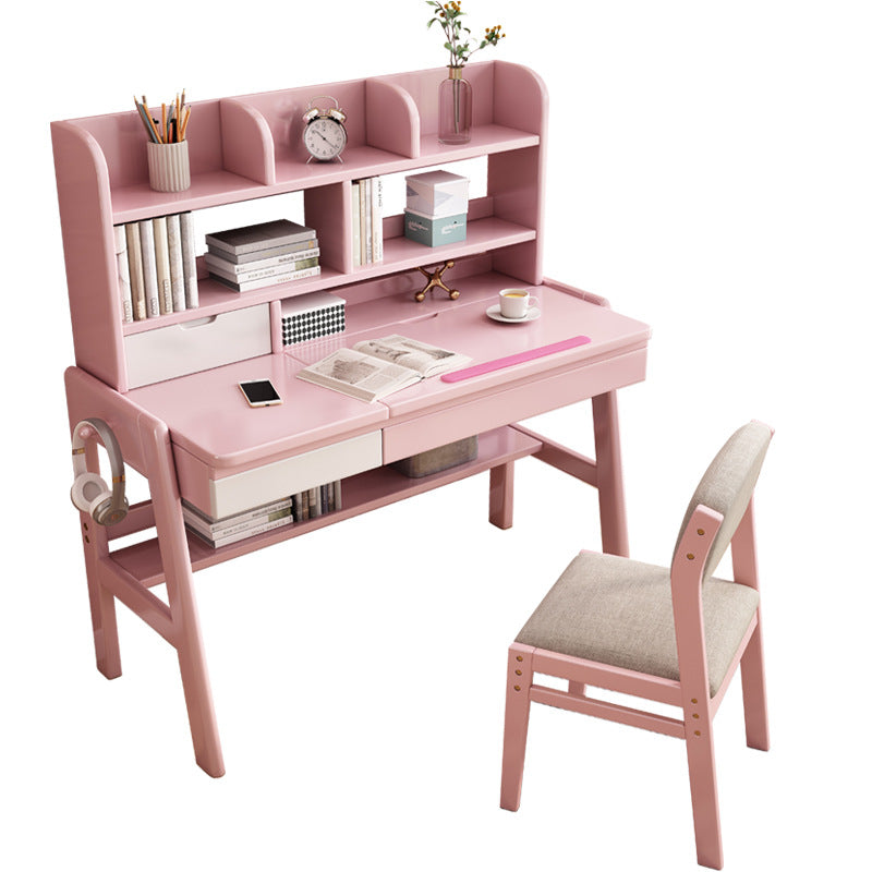 Pink Adjustable Solid Wood Writing Desk with Shelf and Drawers – Natural Rubberwood Home Office Desk - US Writing Desk