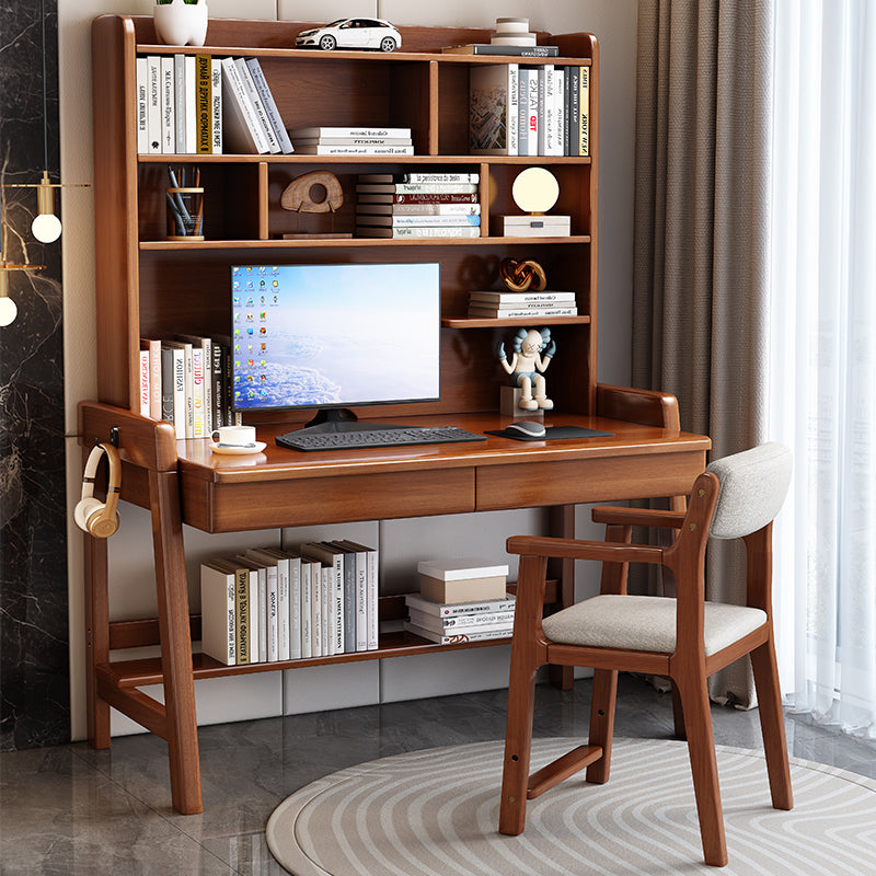 Walnut Solid Wood Writing Desk with Shelf and Drawers - Rubberwood Home Office Desk