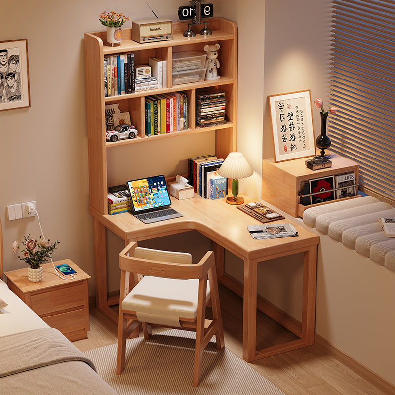 Grant — Corner Study Desk with Bookshelf, Solid Rubberwood (Natural/Walnut/White)