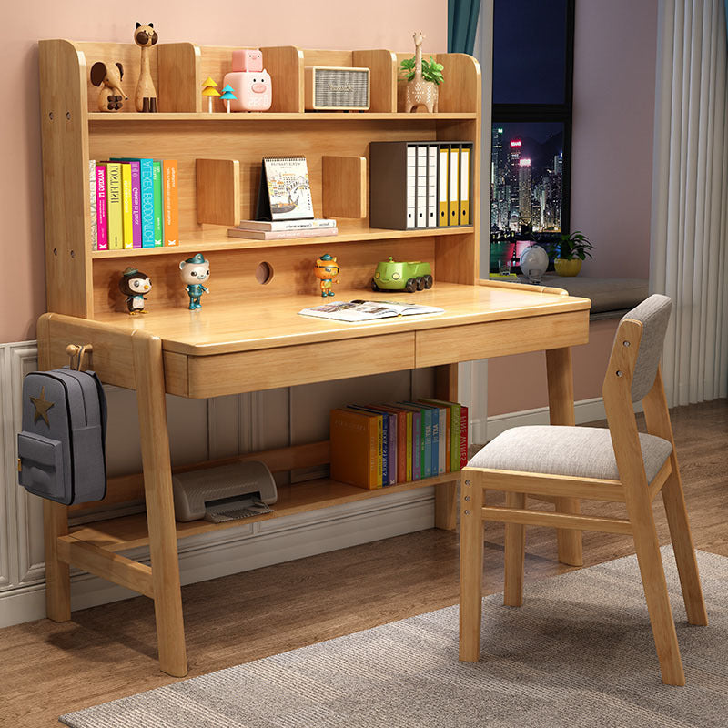 Height-Adjustable Solid Wood Z-Shape Study Chair - Natural Rubberwood, Cotton-Linen - US Writing Desk