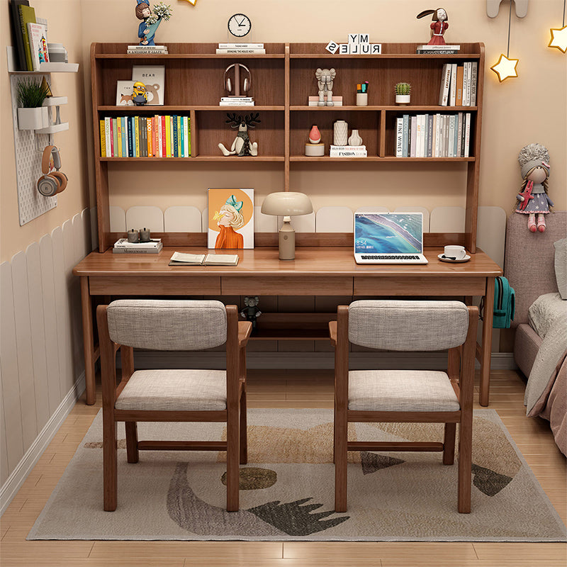 Reid — Solid Wood Writing Desk with Shelves & Drawers (Walnut Rubberwood)