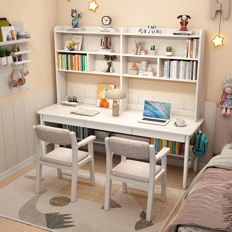 Pierce — Solid Wood Writing Desk with Shelves & Drawers (White Rubberwood)