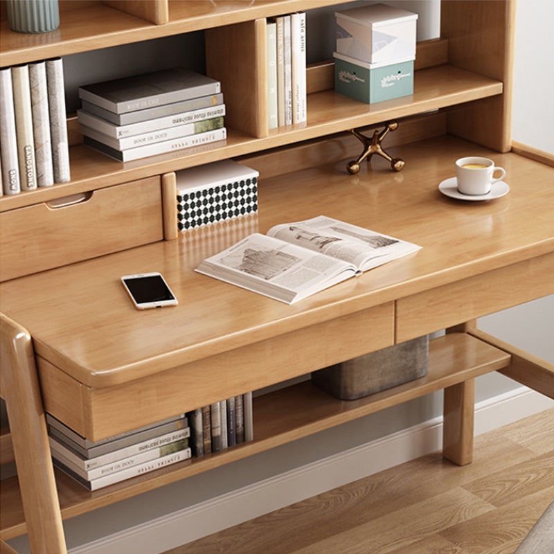 Natural Solid Wood Writing Desk with Bookcase and Drawers - US Writing Desk