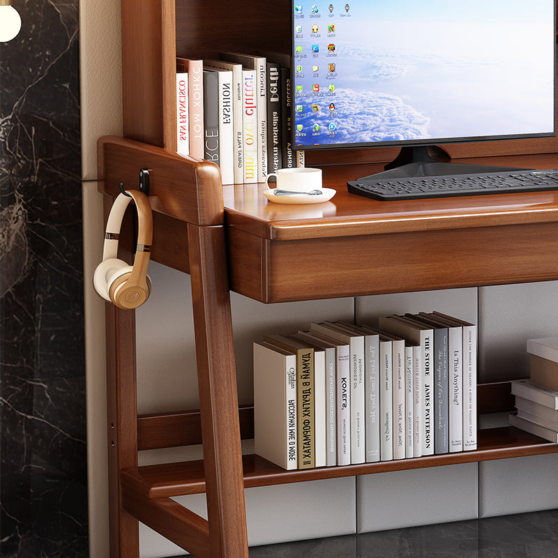 Walnut Solid Wood Writing Desk with Shelf and Drawers - Rubberwood Home Office Desk