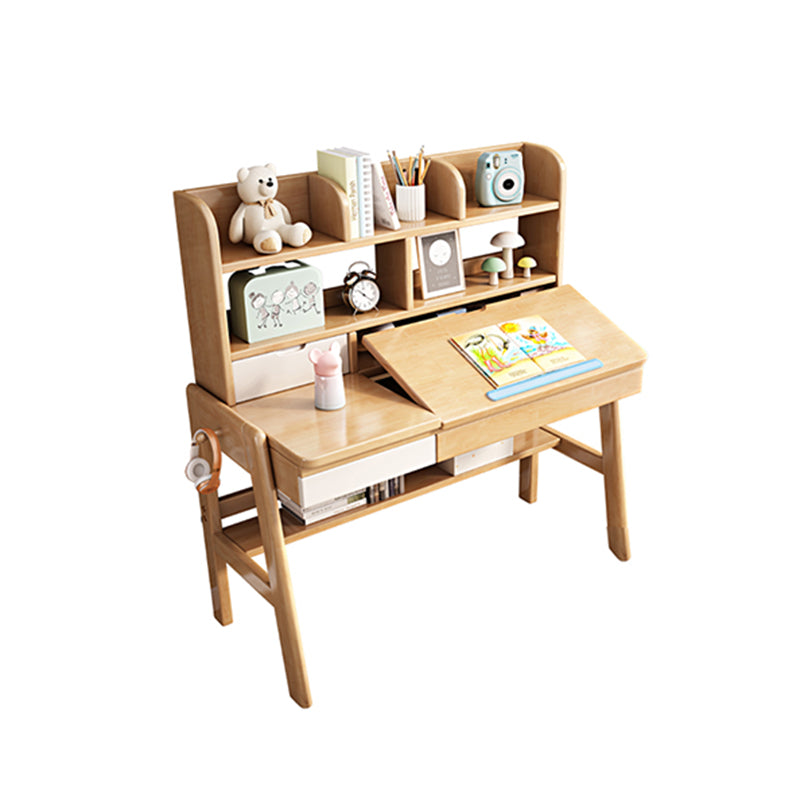 Adjustable Solid Wood Writing Desk with Shelf and Drawers – Natural Rubberwood Home Office Desk - US Writing Desk