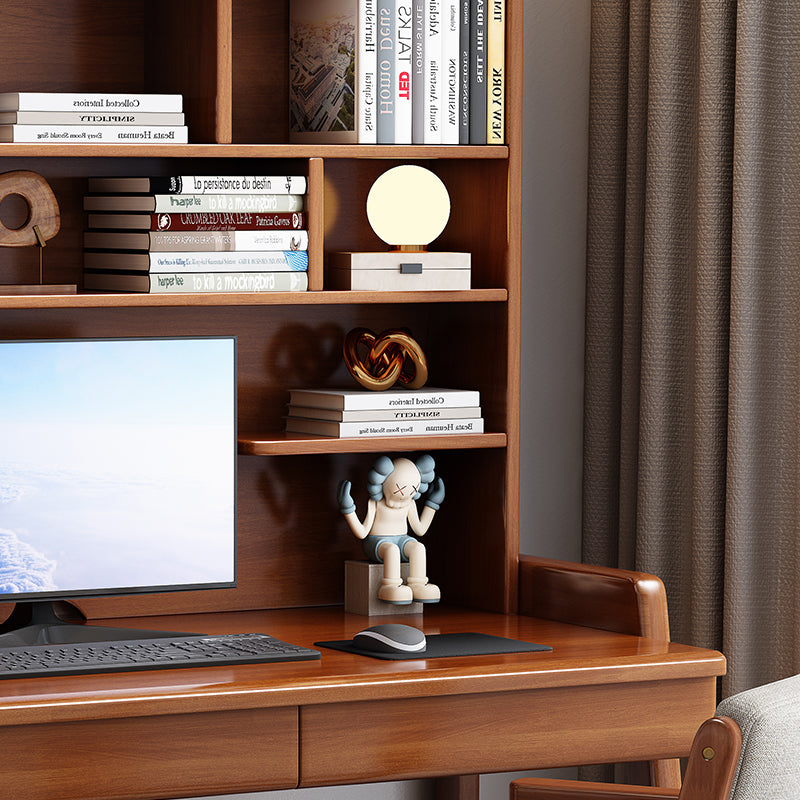 Walnut Solid Wood Writing Desk with Shelf and Drawers - Rubberwood Home Office Desk