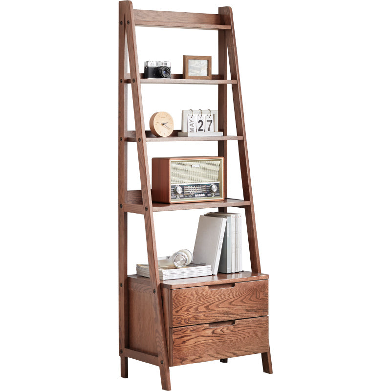 Saul — Tall Ladder Bookcase with Double Drawers & Open Shelves (Solid Oak Wood)