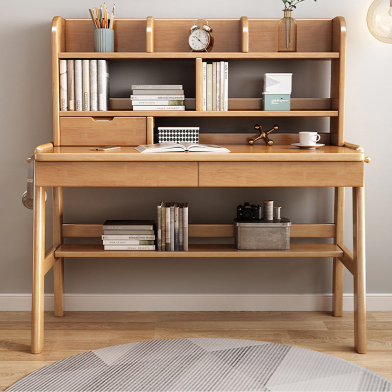 Natural Solid Wood Writing Desk with Bookcase and Drawers - US Writing Desk