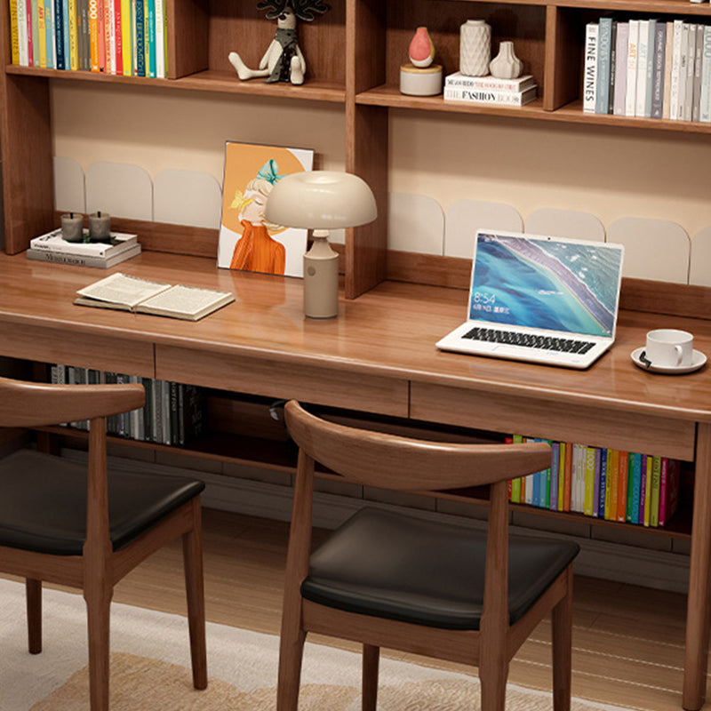 Reid — Solid Wood Writing Desk with Shelves & Drawers (Walnut Rubberwood)
