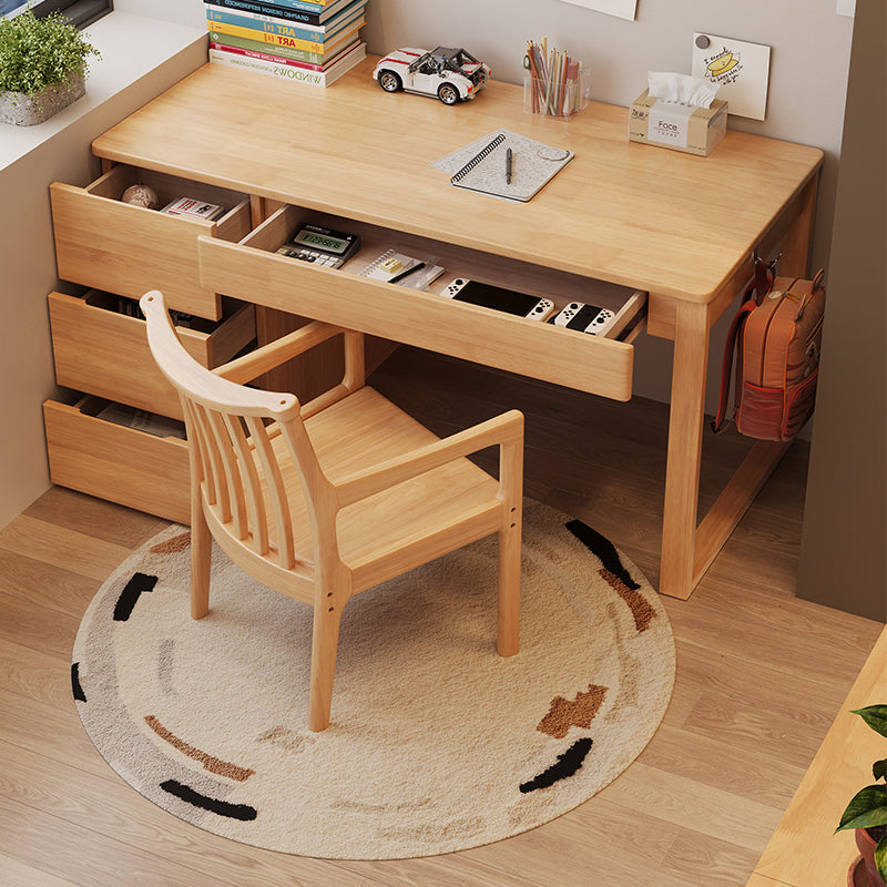 Levi — Solid Wood Writing Desk with 3-Drawer Side Cabinet (Natural Rubberwood)