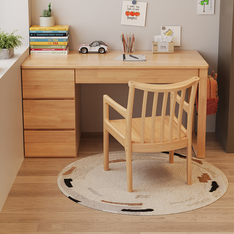 Levi — Solid Wood Writing Desk with 3-Drawer Side Cabinet (Natural Rubberwood)