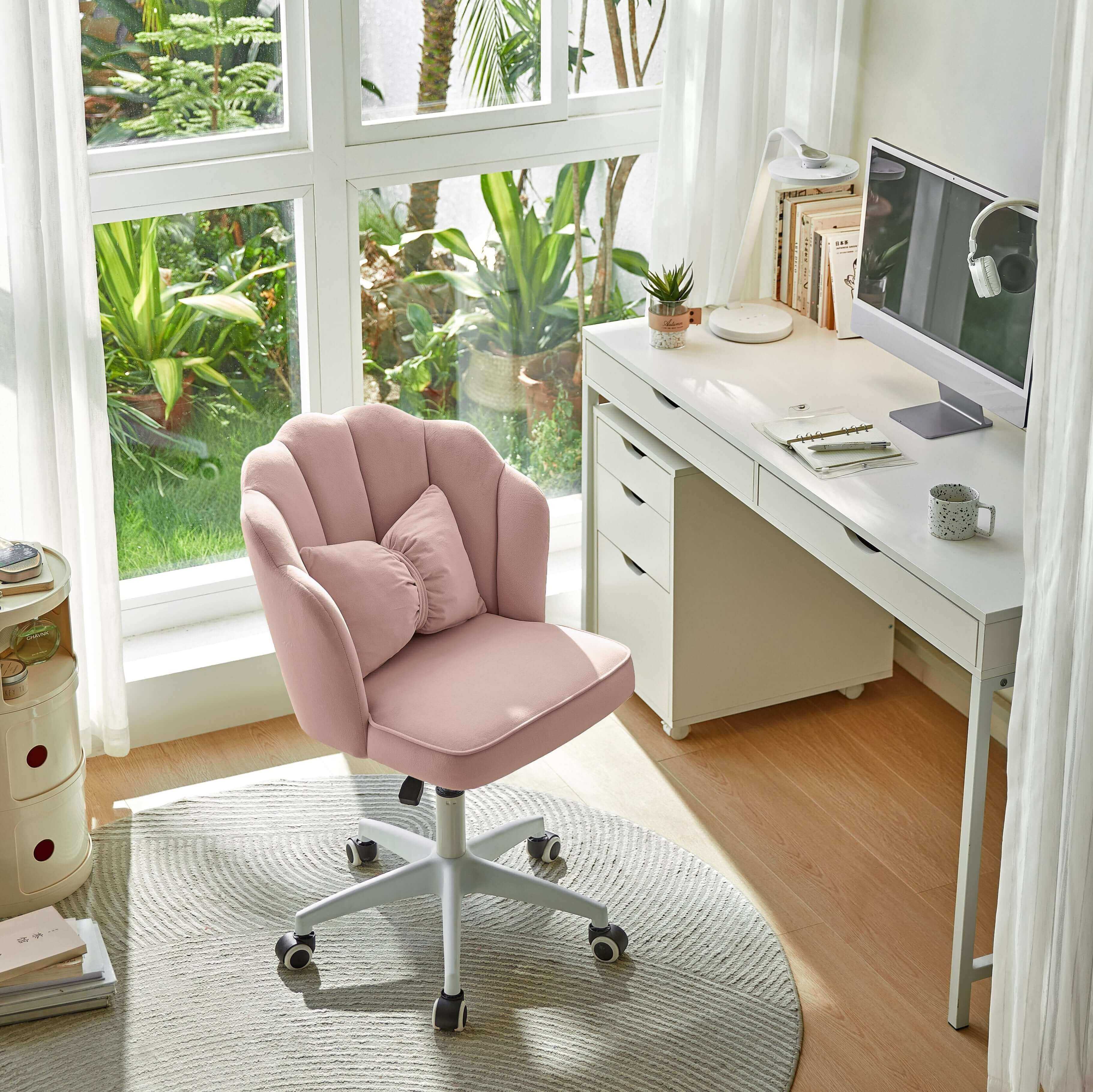 Pink Velvet Adjustable Height Swivel Office Chair with Wheels - US Writing Desk