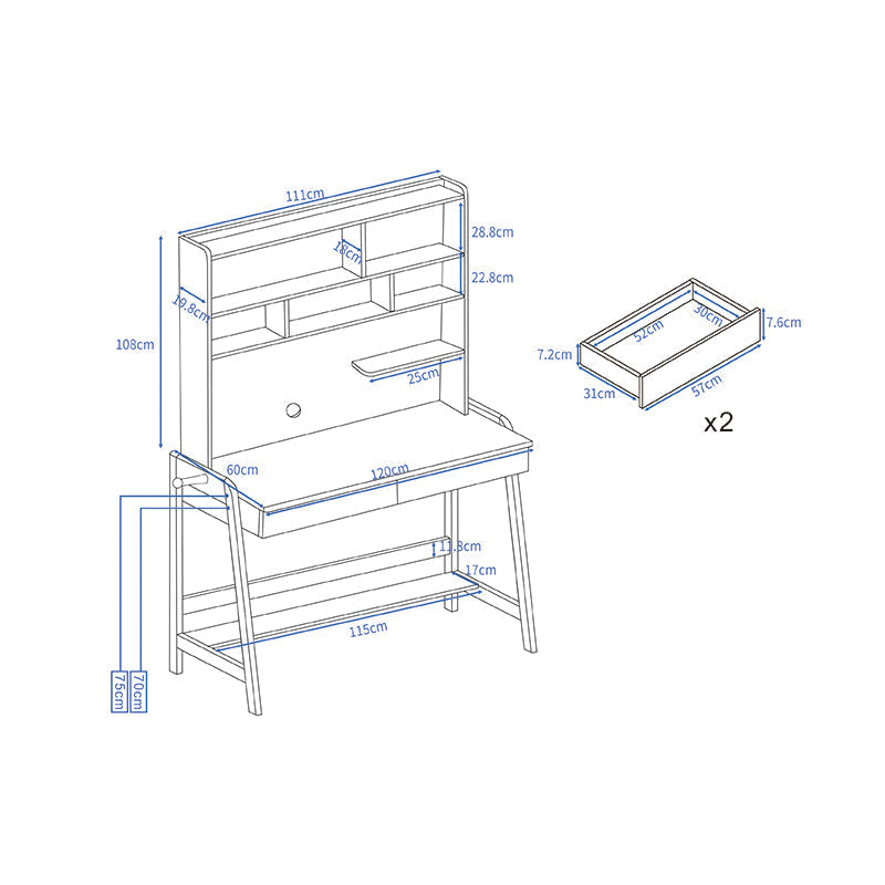 Walnut Solid Wood Writing Desk with Shelf and Drawers - Rubberwood Home Office Desk