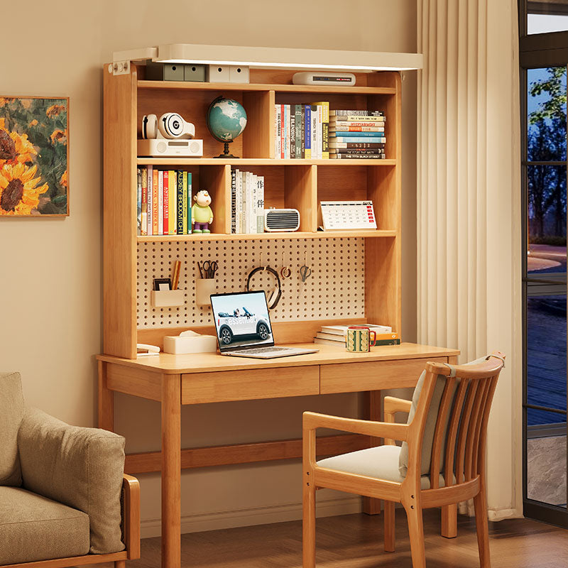 Dean — Solid Wood Study Desk with LED Light, Bookshelf & Drawers (Rubberwood, 120cm)
