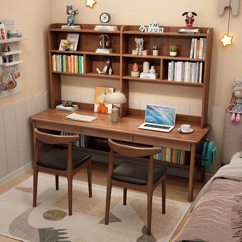 Reid — Solid Wood Writing Desk with Shelves & Drawers (Walnut Rubberwood)