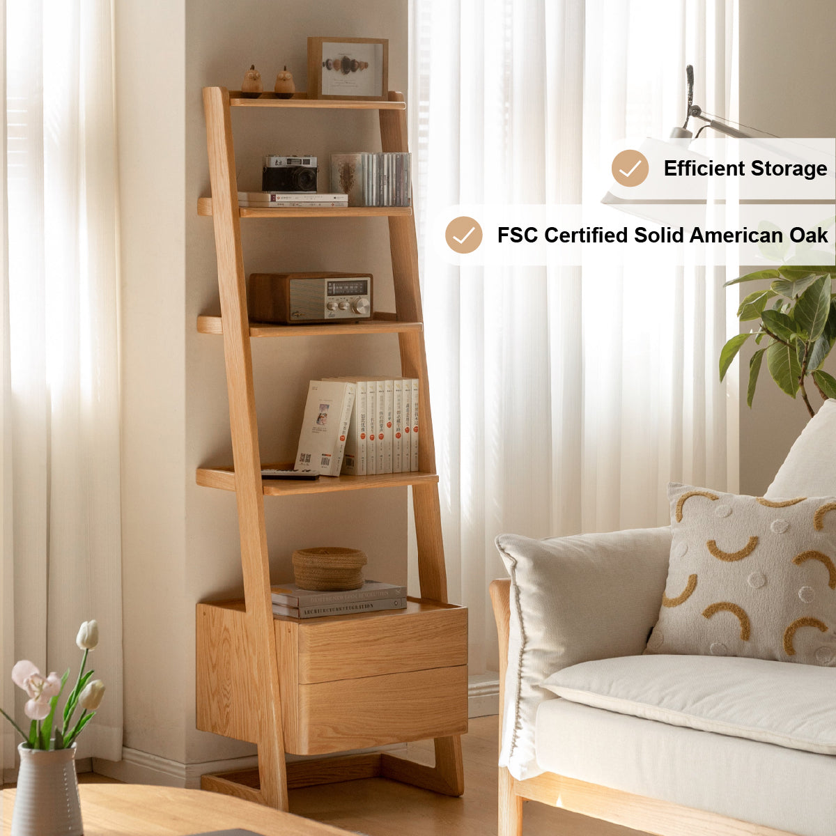 Saul — Tall Ladder Bookcase with Double Drawers & Open Shelves (Solid Oak Wood)