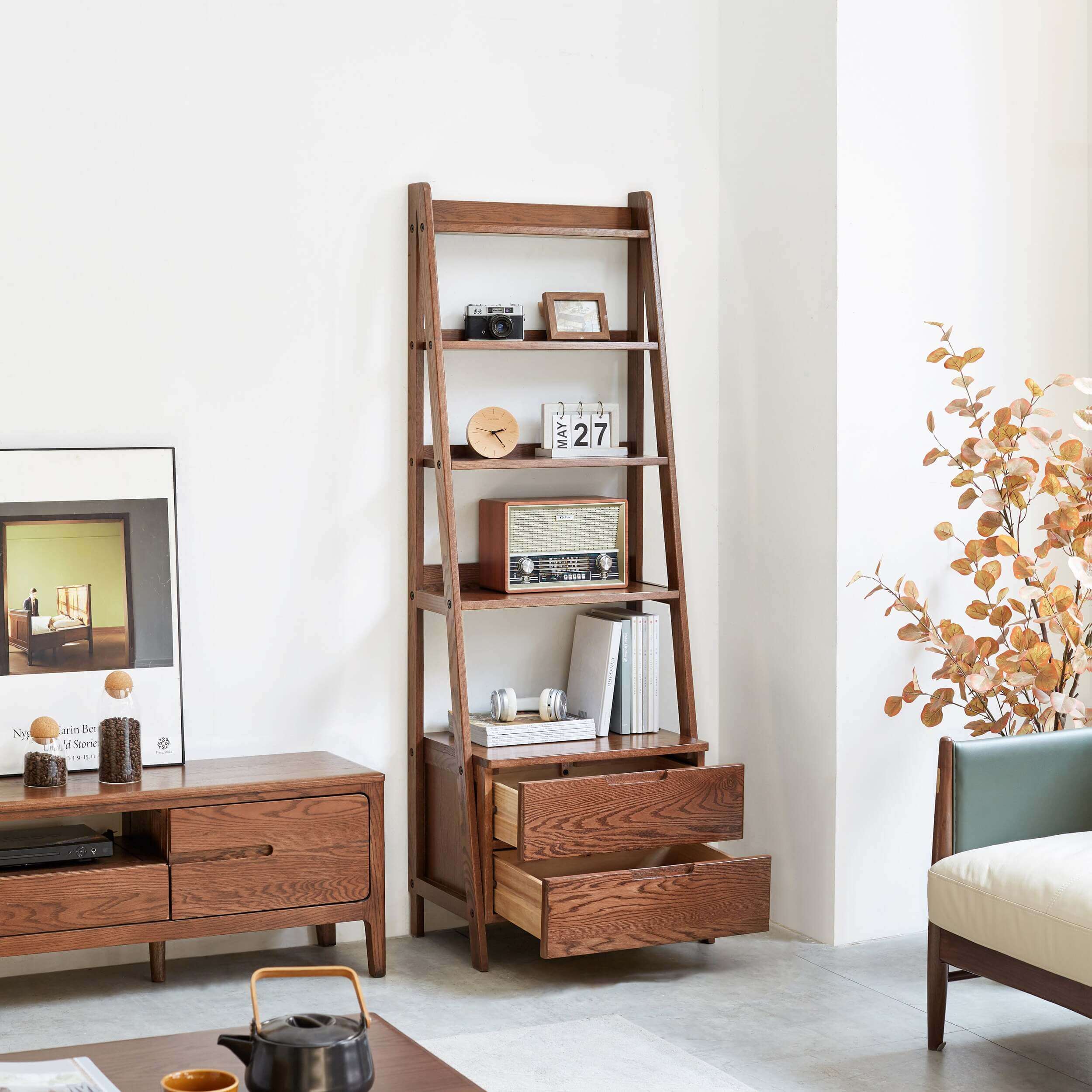 Saul — Tall Ladder Bookcase with Double Drawers & Open Shelves (Solid Oak Wood)