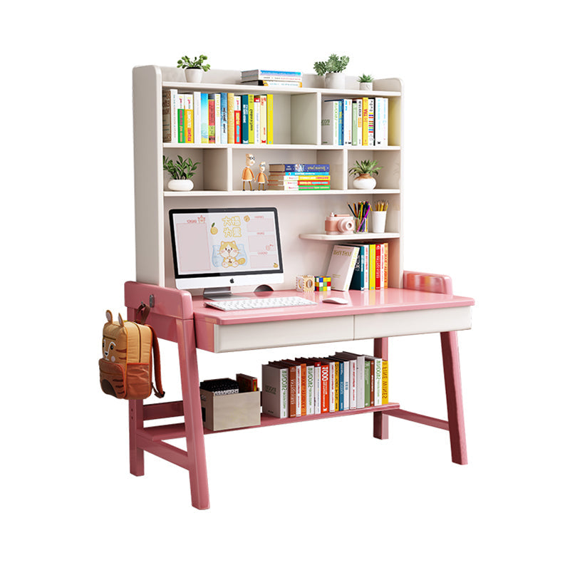 Pink  Solid Wood Writing Desk with Shelf and Drawers - Rubberwood Home Office Desk - US Writing Desk