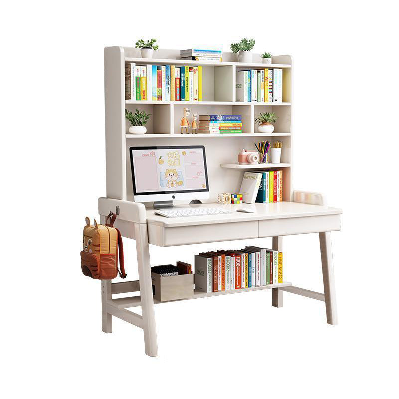 White Solid Wood Writing Desk with Shelf and Drawers - Rubberwood Home Office Desk - US Writing Desk