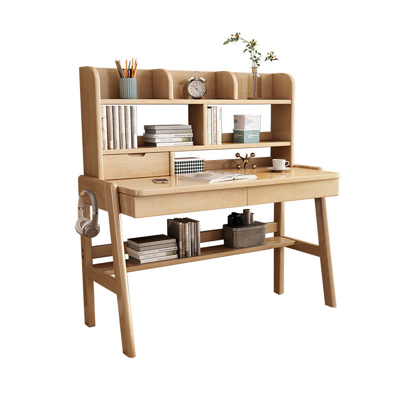 Natural Solid Wood Writing Desk with Bookcase and Drawers - US Writing Desk
