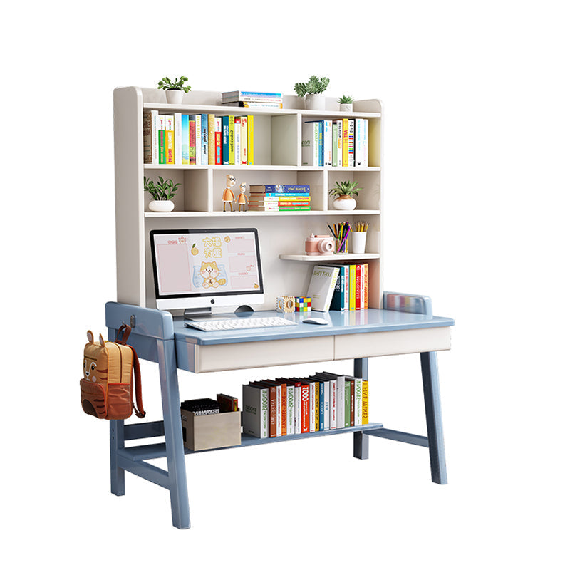 Blue Solid Wood Writing Desk with Shelf and Drawers - Rubberwood Home Office Desk - US Writing Desk
