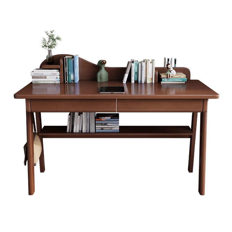 Solid Wood Writing Desk with Mini Shelf and Drawers - Walnut - US Writing Desk