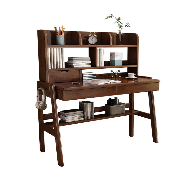 Walnut Solid Wood Writing Desk with Bookcase and Drawers - US Writing Desk