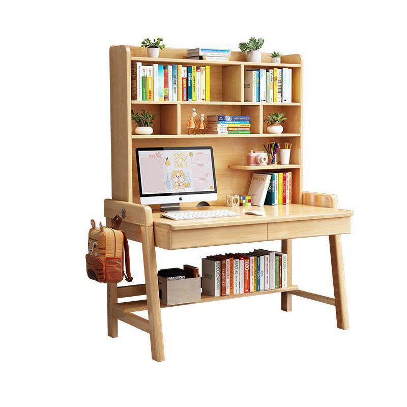 Natural  Solid Wood Writing Desk with Shelf and Drawers - Rubberwood Home Office Desk - US Writing Desk