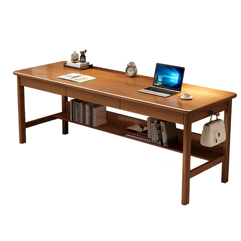 Walnut Solid Wood Writing Desk with Storage Drawers – Long Rubberwood Home Office Desk - US Writing Desk