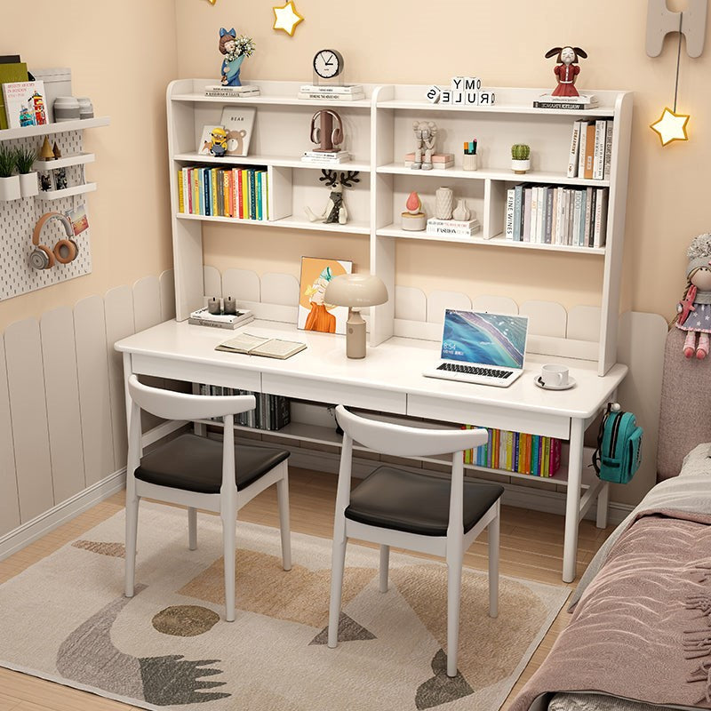 Pierce — Solid Wood Writing Desk with Shelves & Drawers (White Rubberwood)