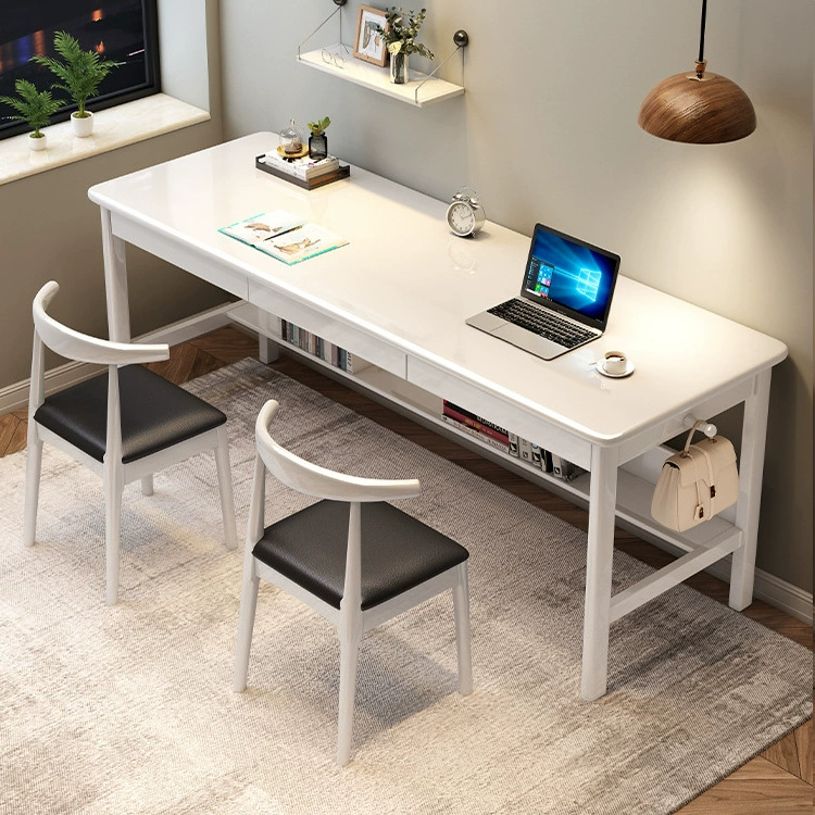 White Solid Wood Writing Desk with Storage Drawers – Long Rubberwood Home Office Desk - US Writing Desk