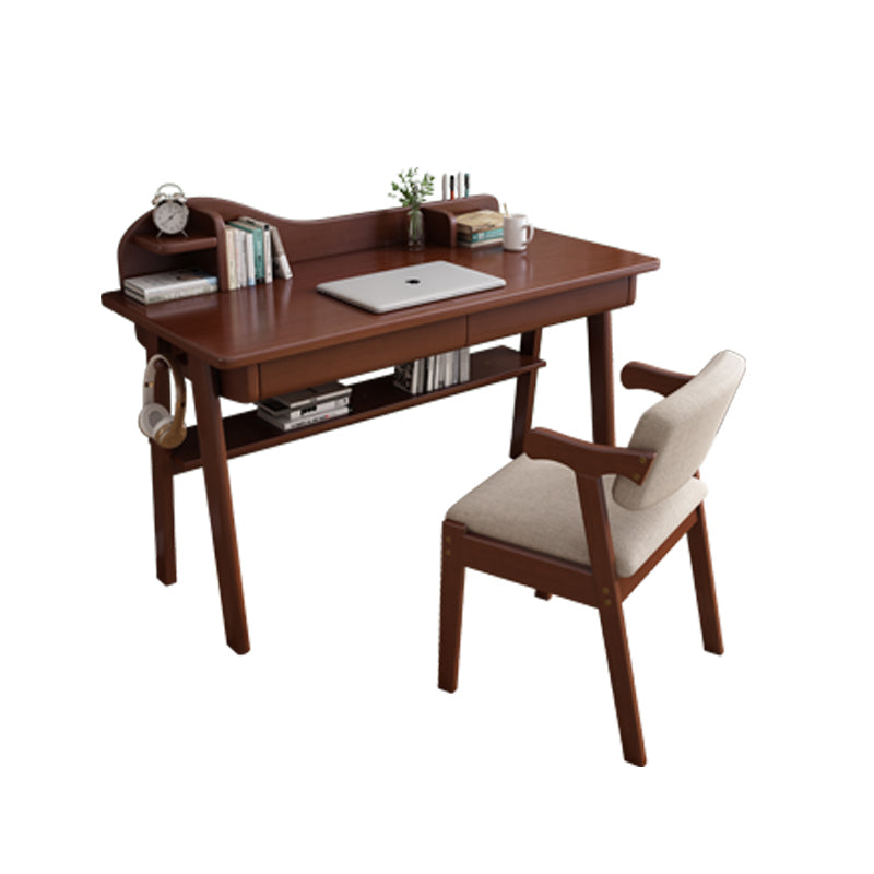 Solid Wood Writing Desk with Mini Shelf and Drawers - Walnut - US Writing Desk