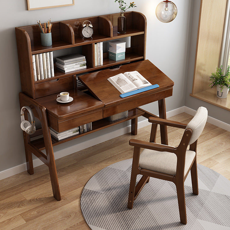 Walnut Adjustable Solid Wood Writing Desk with Shelf and Drawers – Natural Rubberwood Home Office Desk - US Writing Desk