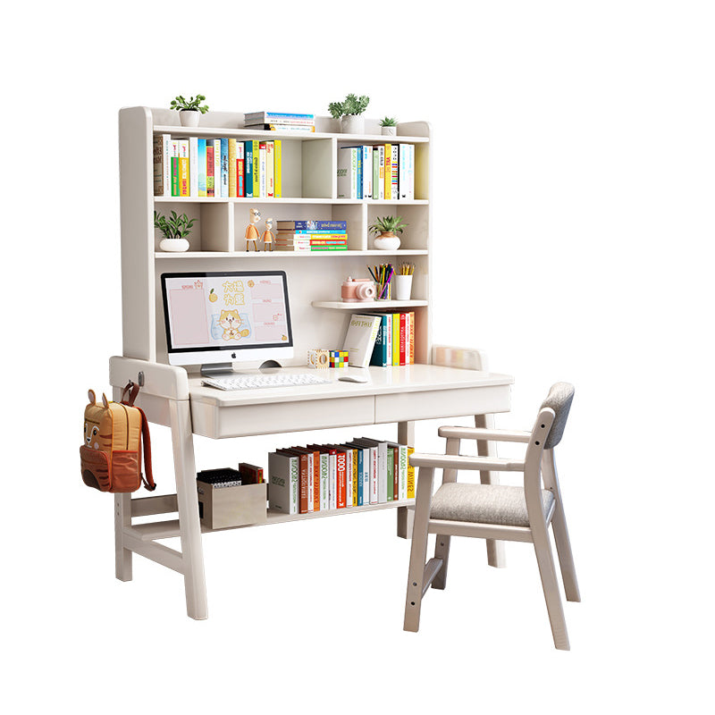 White Solid Wood Writing Desk with Shelf and Drawers - Rubberwood Home Office Desk - US Writing Desk