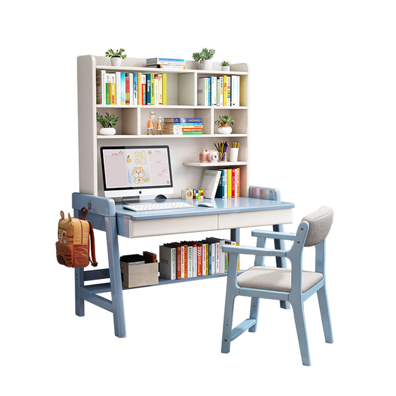 Blue Solid Wood Writing Desk with Shelf and Drawers - Rubberwood Home Office Desk - US Writing Desk