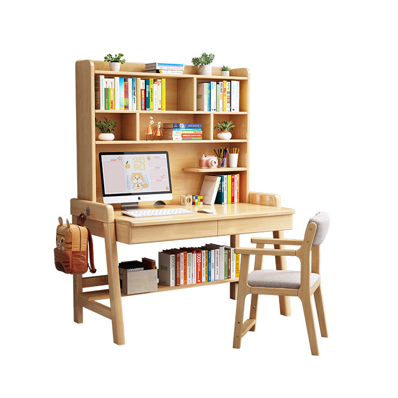 Natural  Solid Wood Writing Desk with Shelf and Drawers - Rubberwood Home Office Desk - US Writing Desk