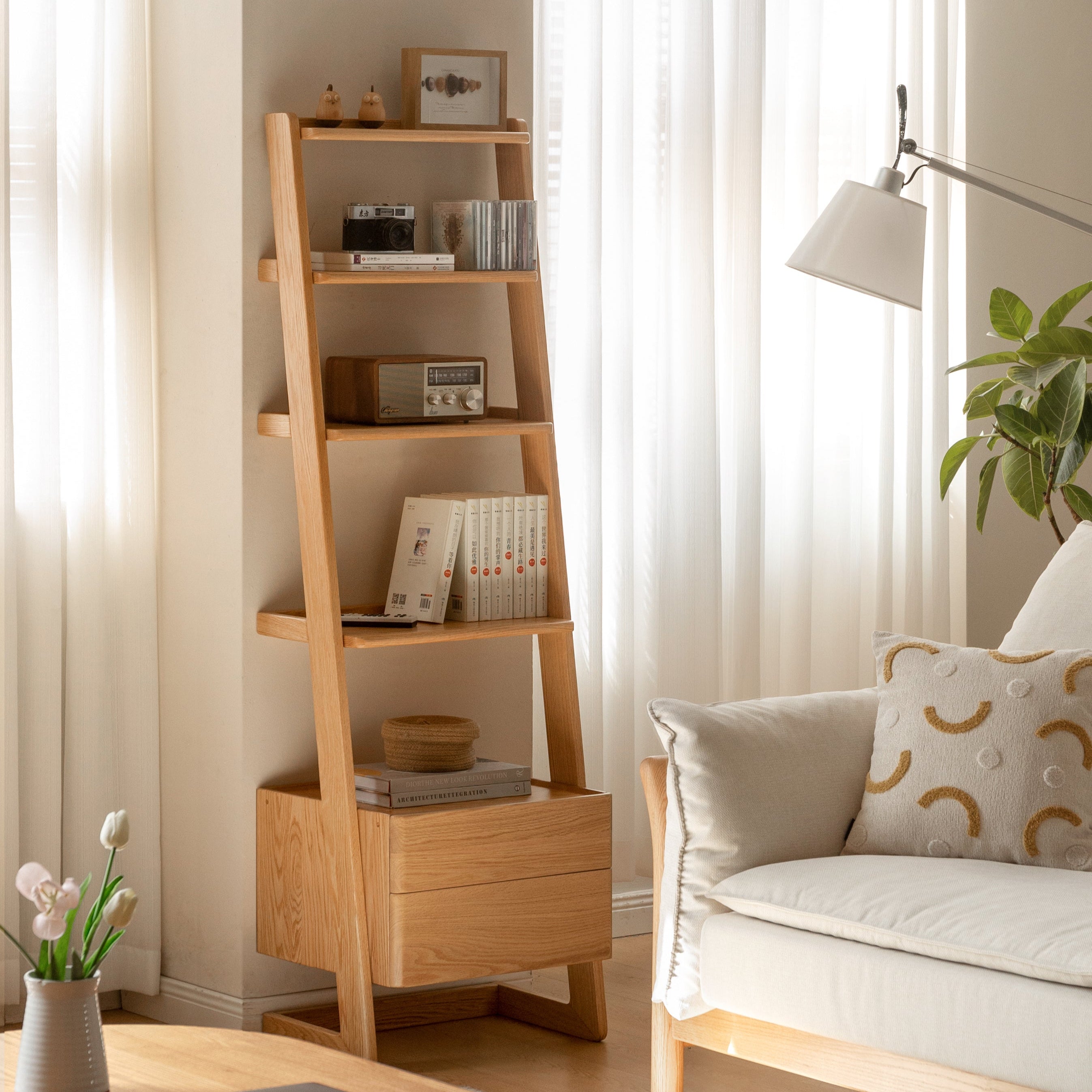 Saul — Tall Ladder Bookcase with Double Drawers & Open Shelves (Solid Oak Wood)