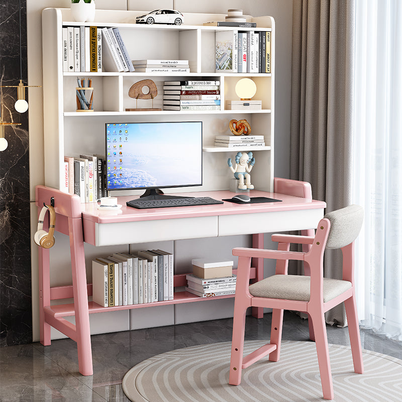 Pink  Solid Wood Writing Desk with Shelf and Drawers - Rubberwood Home Office Desk - US Writing Desk