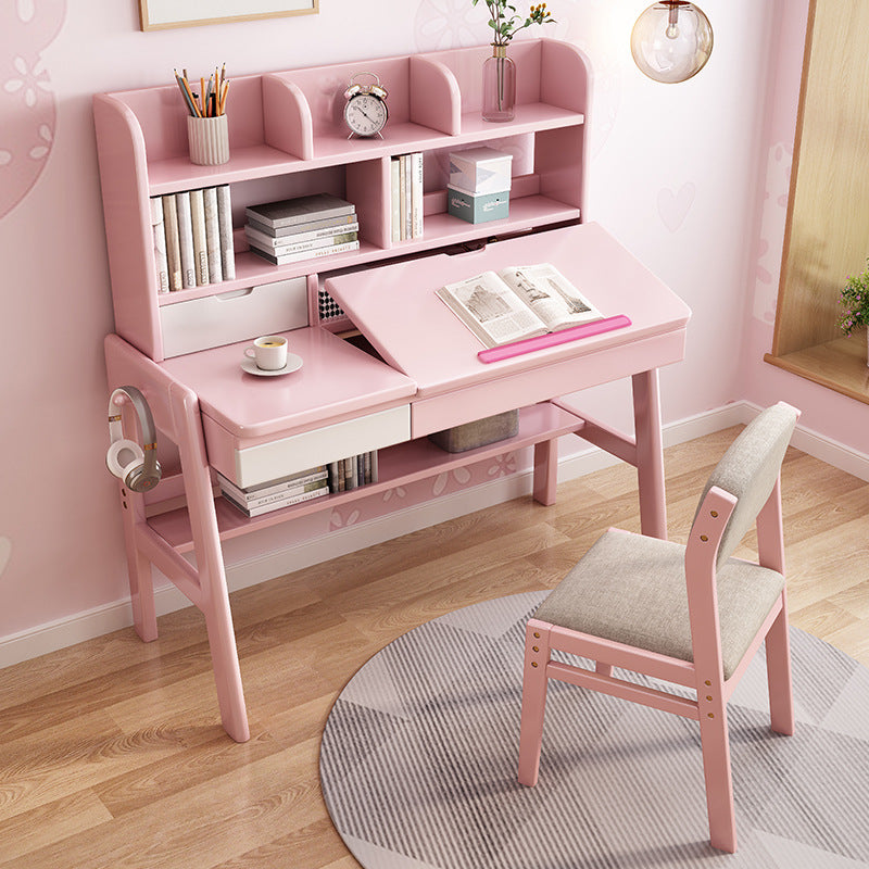 Pink Adjustable Solid Wood Writing Desk with Shelf and Drawers – Natural Rubberwood Home Office Desk - US Writing Desk