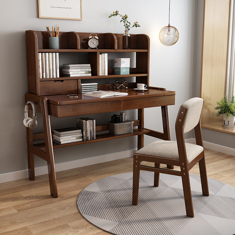 Walnut Solid Wood Writing Desk with Bookcase and Drawers - US Writing Desk