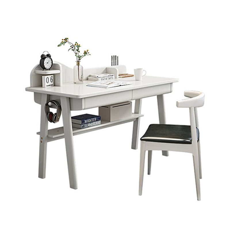 Solid Wood Writing Desk with Mini Shelf and Drawers - White - US Writing Desk