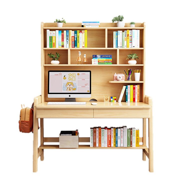 Natural  Solid Wood Writing Desk with Shelf and Drawers - Rubberwood Home Office Desk - US Writing Desk