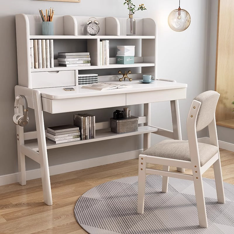 White Solid Wood Writing Desk with Bookcase and Drawers - US Writing Desk
