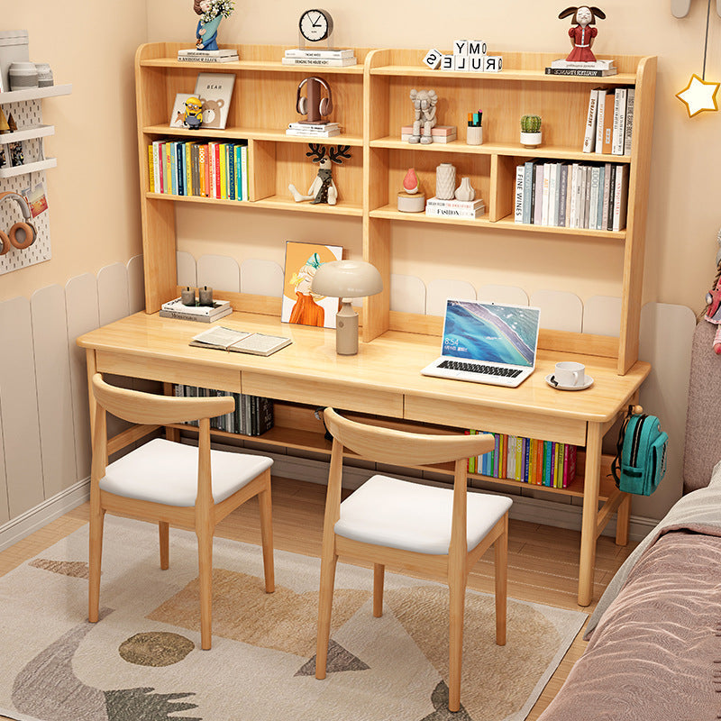 Ivan — Solid Wood Writing Desk with Shelves & Drawers (Natural Rubberwood)